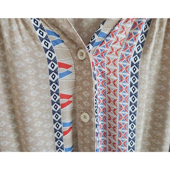 ANTHROPOLOGIE MAEVE Women M Blouse Southwest Button Up 3/4 Sleeve Beige Blue 44" - Picture 4 of 8